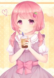 Rule 34 | 1girl, bow, brown background, bubble tea, caramel (caramelmilk), collarbone, commentary request, cup, disposable cup, dress, drinking straw, food-themed hair ornament, hair ornament, heart, highres, holding, holding cup, long hair, looking at viewer, low twintails, original, pink bow, pink hair, polka dot, polka dot background, puffy short sleeves, puffy sleeves, purple dress, purple eyes, sailor collar, shirt, short sleeves, short twintails, sleeveless, sleeveless dress, solo, strawberry hair ornament, twintails, white shirt