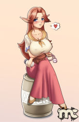 Rule 34 | 1girl, blue eyes, blush, bottle, breast hold, breasts, brown hair, cleavage, crossed arms, covered erect nipples, hair intakes, heart, huge breasts, crossed legs, long hair, long skirt, malon, mc saad, milk bottle, milking machine, nintendo, aged up, pointy ears, shirt, sitting, skirt, solo, spoken heart, taut clothes, taut shirt, the legend of zelda, the legend of zelda: ocarina of time, women livestock