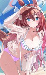 Rule 34 | 1girl, ahoge, animal ears, arm up, armpits, beach, bikini, blue sky, blush, breasts, brown hair, cleavage, closed mouth, commentary request, cowboy shot, ear ornament, frills, hair ornament, hanamura pink, highres, horse ears, horse girl, horse tail, large breasts, long hair, mihono bourbon (umamusume), ocean, outdoors, pink bikini, sand, sky, solo, swimsuit, tail, umamusume, water, weapon