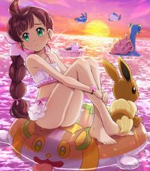 Rule 34 | 1girl, absurdres, afloat, ahoge, artistic error, ass, bad id, bad twitter id, bare legs, barefoot, bracelet, braid, braided ponytail, brown hair, character print, chloe (pokemon), closed mouth, collarbone, commentary request, creatures (company), crossed ankles, eevee, eiscue, eiscue (ice), eyelashes, flower, frills, frown, full body, game freak, gen 1 pokemon, gen 4 pokemon, gen 8 pokemon, green eyes, hair flower, hair ornament, highres, innertube, jewelry, knees, lapras, long hair, looking to the side, mantyke, nintendo, outdoors, own hands together, pink flower, pokemoa, pokemon, pokemon (anime), pokemon (creature), pokemon journeys, sitting, sky, sunset, swim ring, swimsuit, tentacool, toes, twilight, water, wrong foot, yamper
