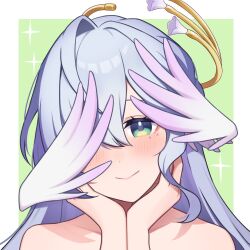Rule 34 | 1girl, bare shoulders, blue hair, blush, commentary request, facial mark, green eyes, hair intakes, hands up, head tilt, head wings, highres, honkai: star rail, honkai (series), long hair, looking at viewer, partial commentary, portrait, robin (honkai: star rail), shiro (branch0126), smile, solo, wings