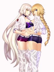Rule 34 | 2girls, artoria pendragon (all), artoria pendragon (fate), ass, belt, blonde hair, blue bra, blue eyes, blue shorts, boots, bra, braid, breast press, breasts, cleavage, fate/grand order, fate (series), floating hair, highres, holding hands, interlocked fingers, jacket, jeanne d&#039;arc (fate), jeanne d&#039;arc (ruler) (fate), jeanne d&#039;arc alter (avenger) (fate), jeanne d&#039;arc alter (fate), long hair, looking at viewer, looking back, medium breasts, midriff, multiple girls, open clothes, open jacket, parted lips, ponytail, race queen, saber (fate), saber (type-moon racing) (fate), shiny clothes, shiny skin, short shorts, shorts, sideboob, silver hair, simple background, single braid, smile, standing, stomach, strapless, strapless bra, symmetrical docking, thigh boots, thighhighs, underwear, very long hair, white background, white footwear, white jacket, yellow eyes