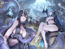 Rule 34 | 3girls, absurdres, ahoge, antlers, azur lane, barefoot, barrel, black coat, black hair, blue hair, breasts, character request, closed mouth, coat, coin, copyright name, copyright notice, crossed legs, feet, gesoking, gold coin, gold trim, golden hind (azur lane), grey nails, hair between eyes, hair over one eye, hat, highres, horns, huge breasts, lantern, large breasts, logo, long hair, looking at viewer, mary celeste (azur lane), mole, mole under mouth, multiple girls, nail polish, navel, official art, outdoors, pirate hat, pirate ship, revealing clothes, second-party source, shadow, sidelocks, sitting, smile, soles, stomach, sword, tentacles, thighs, toes, torn clothes, upper body, very long hair, weapon, whydah (azur lane)