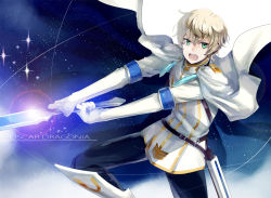 Rule 34 | 1boy, blonde hair, capelet, character name, gloves, green eyes, houhou (black lack), male focus, open mouth, oscar dragonia, oscar dragonia (tales), solo, star (sky), sword, tales of (series), tales of berseria, teeth, weapon
