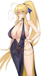 1girl absurdres ahoge artoria_pendragon_(fate) artoria_pendragon_(lancer)_(fate) bb_dubai_(fate) bb_dubai_(fate)_(cosplay) belly_chain black_dress blonde_hair blue_ribbon bracelet braid breasts center_opening chain cocktail_dress cosplay dress fate/grand_order fate_(series) gold_chain gold_dress green_eyes hair_between_eyes hair_ribbon hand_on_own_hip highres huge_breasts jewelry long_hair navel necklace nekosama_shugyouchuu ribbon side_slit sidelocks solo striped_clothes two-sided_dress two-sided_fabric vertical-striped_clothes very_long_hair