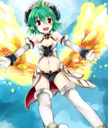 Rule 34 | + +, 1girl, ahoge, arcana trust, bare shoulders, blue sky, bracer, detached sleeves, gloves, green hair, hat, highres, horns, low wings, midriff, navel, open mouth, pointy ears, red eyes, shinrabanshou, short hair, sky, solo, thighhighs, white gloves, white thighhighs, wings, yoshizawa tsubaki