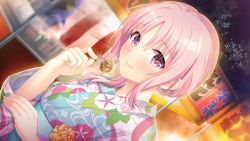 Rule 34 | 1girl, blush, closed mouth, courreges ace, dutch angle, food, game cg, hair between eyes, hajilove -making lovers-, highres, holding, holding food, japanese clothes, kimono, medium hair, pink hair, red eyes, smile, solo, sonoike sakurako, tanabe, upper body