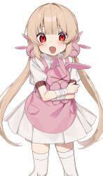 Rule 34 | 1girl, apron, bandaged arm, bandages, blush, dress, fang, hair ornament, highres, holding, holding stuffed toy, light brown hair, long hair, looking at viewer, low twintails, nano (nan0ng), natori sana, open mouth, pink apron, rabbit hair ornament, red eyes, sana channel, short sleeves, simple background, skin fang, solo, stuffed animal, stuffed rabbit, stuffed toy, thighhighs, twintails, very long hair, virtual youtuber, white background, white dress
