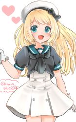 Rule 34 | 1girl, blonde hair, blue eyes, blue sailor collar, commentary request, cowboy shot, dress, gloves, hat, jervis (kancolle), kantai collection, karin bluez3, one-hour drawing challenge, open mouth, sailor collar, sailor dress, sailor hat, short sleeves, smile, solo, standing, twitter username, white background, white dress, white gloves, white hat