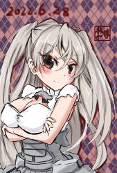Rule 34 | 1girl, argyle, argyle background, argyle clothes, artist logo, breasts, brown eyes, cleavage, cleavage cutout, clothing cutout, conte di cavour (kancolle), conte di cavour nuovo (kancolle), corset, crossed arms, dated, dress, frilled dress, frills, gloves, grey hair, highres, kantai collection, large breasts, layered dress, long hair, long sleeves, one-hour drawing challenge, shizuwaza, solo, two-tone dress, two side up, upper body, white dress, white gloves
