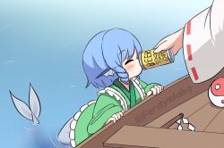 Rule 34 | 2girls, alcohol, beer, beer can, blush, boat, can, cirno, commission, detached sleeves, drill hair, drill sidelocks, drink can, drinking, feeding, ferdy&#039;s lab, fins, frilled kimono, frills, gohei, green kimono, hakurei reimu, head fins, japanese clothes, kimono, kneeless mermaid, mermaid, monster girl, multiple girls, orb, ribbon-trimmed sleeves, ribbon trim, sidelocks, touhou, twitter username, wakasagihime, watercraft, yin yang, yin yang orb