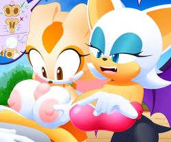 Rule 34 | 1boy, 2girls, blue eyes, breasts, brown eyes, cream the rabbit, furry, huge breasts, large breasts, multiple girls, oppai loli, rouge the bat, sex ed, slickehedge, sonic (series), speech bubble, tails (sonic), teaching