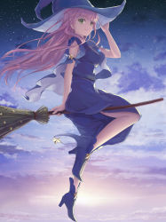 Rule 34 | 1girl, blue dress, blue footwear, blue hat, breasts, broom, broom riding, brown hair, closed mouth, dress, from side, full body, green eyes, hand on headwear, hat, high heels, light smile, long hair, medium breasts, moai (aoh), night, original, shoes, sky, sleeveless, sleeveless dress, solo, star (sky), star (symbol), starry sky, witch, witch hat