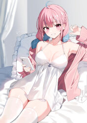 Rule 34 | 1girl, ahoge, arm up, armpits, bare shoulders, braid, breasts, cellphone, cleavage, collarbone, dress, frilled pillow, frills, grin, halterneck, highres, holding, holding phone, hololive, jacket, lace, lace-trimmed dress, lace trim, long hair, long sleeves, looking at viewer, medium breasts, minato aqua, multicolored hair, no bra, off shoulder, open clothes, open jacket, phone, pillow, pink hair, pink jacket, red eyes, short dress, sitting, skindentation, smartphone, smile, solo, spaghetti strap, sundress, thighhighs, thighs, twin braids, two-tone hair, virtual youtuber, white dress, white thighhighs, yon (letter), zettai ryouiki