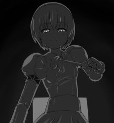 Rule 34 | 1girl, :3, android, blush, bow, bowtie, collared shirt, dorothy haze, greyscale, high-waist skirt, highres, mechanical arms, monochrome, naughty face, prostitution, puffy short sleeves, puffy sleeves, shirt, short hair, short sleeves, skirt, solmoniq, solo, tongue, tongue out, va-11 hall-a, wing collar
