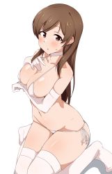 Rule 34 | 1girl, arm under breasts, bare shoulders, bikini, blush, breasts, brown eyes, brown hair, choker, cleavage, collarbone, elbow gloves, gloves, hand on own chest, highres, idolmaster, idolmaster cinderella girls, large breasts, long hair, looking at viewer, micro bikini, navel, nitta minami, open mouth, seihekiog, shiny skin, simple background, sitting, solo, swimsuit, thighhighs, thighs, wariza, white background, white bikini, white choker, white gloves, white thighhighs