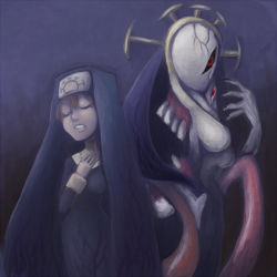 Rule 34 | 1girl, blonde hair, breasts, closed eyes, cross, double (skullgirls), dual persona, mutant, nun, open mouth, skullgirls, smile, solo, traditional nun, zairusibetto