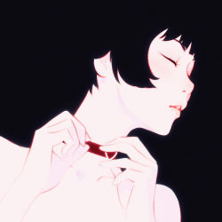 Rule 34 | 1girl, bad id, bad tumblr id, black background, black hair, choker, close-up, closed eyes, female focus, ilya kuvshinov, lips, original, out-of-frame censoring, parted lips, short hair, simple background, solo, topless, topless frame