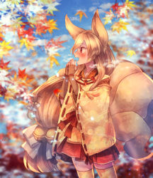 Rule 34 | 1girl, animal ears, autumn leaves, bell, blonde hair, blush, bow, brown gloves, elbow gloves, floral print, fox tail, gen 1 pokemon, gloves, hair bow, japanese clothes, jingle bell, long hair, moe (hamhamham), ninetales, open mouth, personification, pokemon, profile, red eyes, red skirt, skirt, standing, tail, very long hair, white bow, wide sleeves, yellow legwear