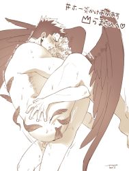 Rule 34 | 2boys, anal, ass, bara, blush, boku no hero academia, carrying, carrying person, completely nude, endeavor (boku no hero academia), facial hair, feathers, feet out of frame, from side, hand on another&#039;s head, hawks (boku no hero academia), highres, male focus, male penetrated, mature male, monochrome, motion lines, multiple boys, muscular, muscular male, nose blush, nude, sex, short hair, sideburns, size difference, spiked hair, stubble, suspended congress, sweat, thick thighs, thighs, torio (torrie skm), translation request, yaoi