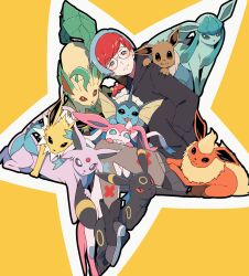 Rule 34 | 1girl, absurdres, aduti momoyama, aqua hair, black hoodie, boots, closed mouth, commentary request, creatures (company), eevee, espeon, flareon, game freak, gen 1 pokemon, gen 2 pokemon, gen 4 pokemon, gen 6 pokemon, glaceon, glasses, grey eyes, hand in pocket, highres, holding, holding poke ball, hood, hoodie, jolteon, leafeon, looking at viewer, multicolored hair, nintendo, pantyhose, penny (pokemon), poke ball, poke ball (basic), pokemon, pokemon (creature), pokemon sv, red hair, round eyewear, short hair, smile, sylveon, two-tone hair, umbreon, vaporeon