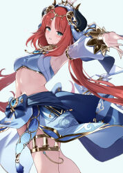 Rule 34 | 1girl, armpits, blue gemstone, blue veil, blush, bracer, breasts, crop top, dancer, detached sleeves, fake horns, gem, genshin impact, gold trim, harem outfit, highres, horns, jewelry, long hair, long sleeves, looking at viewer, medium breasts, navel, neck ring, nilou (genshin impact), puffy long sleeves, puffy sleeves, red hair, simple background, skirt, smile, solo, stomach, thighlet, tol10131, veil, white background, white headdress, white veil