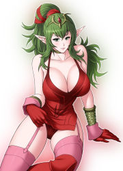 Rule 34 | 1girl, bare shoulders, boots, breasts, cleavage, clothes lift, dress, dress lift, fire emblem, fire emblem: mystery of the emblem, fire emblem: shadow dragon and the blade of light, fire emblem awakening, garter belt, garter straps, green eyes, green hair, hair ornament, hair ribbon, large breasts, long hair, looking at viewer, nintendo, aged up, panties, pointy ears, ponytail, rakusai (saisai garou), red dress, ribbon, short dress, side slit, sitting, smile, solo, thigh boots, thighhighs, thighs, tiki (fire emblem), underwear