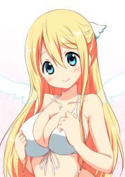Rule 34 | 1girl, amatsuka poi, bikini, bikini top only, blonde hair, blue eyes, blush, breasts, chikanoko, collarbone, cross, cross necklace, front-tie bikini top, front-tie top, hair between eyes, hair wings, half updo, halterneck, hands on own chest, head wings, jewelry, large breasts, long hair, looking at viewer, necklace, ragho no erika, smile, solo, swimsuit, upper body, white bikini, wings
