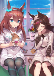 Rule 34 | 2girls, animal ears, aqua eyes, black legwear, blurry, blurry background, blush, brown hair, clothes writing, collar, collared dress, dress, closed eyes, flower, frilled collar, frills, hair between eyes, hair over one eye, highres, holding, holding stuffed toy, hood, hoodie, horse ears, horse girl, long hair, long sleeves, mihono bourbon (umamusume), multiple girls, open mouth, pantyhose, parted lips, pink flower, red flower, rice shower (umamusume), smile, stuffed animal, stuffed rabbit, stuffed toy, tadano magu, umamusume, white dress, white hoodie, window, yellow flower