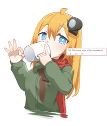 Rule 34 | 1girl, absurdres, ahoge, blonde hair, blue eyes, bright pupils, commentary, cropped torso, cup, daebom, drinking, english text, hair between eyes, hands up, headlight, highres, holding, holding cup, hot chocolate, long hair, long sleeves, looking at viewer, ok sign, original, red scarf, scarf, screenshot inset, simple background, solo, spill, spilling, stained clothes, t-34-76 (daebom), white background, white pupils