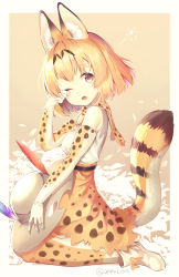 Rule 34 | 1girl, absurdres, animal ears, animal ears (norankkori), bare shoulders, blonde hair, blush, bow, bowtie, commentary request, elbow gloves, fang, feathers, full body, gloves, helmet, high-waist skirt, highres, kemono friends, kneeling, multicolored hair, one eye closed, open mouth, pith helmet, print gloves, print skirt, print thighhighs, rubbing eyes, serval (kemono friends), serval print, serval tail, short hair, skirt, sleeveless, solo, tail, thighhighs, yellow eyes