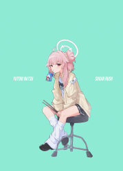 Rule 34 | 1girl, ahoge, aqua background, black footwear, black skirt, blue archive, blush, chair, drinking, drinking straw, drinking straw in mouth, drumsticks, full body, halo, highres, holding, holding drumsticks, jacket, long hair, long sleeves, looking at viewer, natsu (band) (blue archive), natsu (blue archive), official alternate costume, open clothes, open jacket, pink hair, pink halo, pleated skirt, ranyu, red eyes, shirt, shoes, simple background, sitting, skirt, socks, solo, white shirt, white socks, yellow jacket