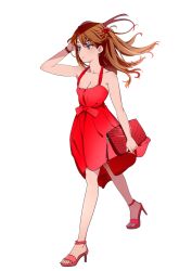 Rule 34 | 1girl, alternate costume, alternate hairstyle, arms at sides, bag, bare shoulders, blue eyes, bow, braid, breasts, brown hair, cleavage, closed mouth, collarbone, commentary, dress, feet, floating hair, formal, from side, frown, full body, hair ornament, hairclip, halterneck, handbag, high heels, highres, holding, holding bag, legs apart, long hair, long legs, looking afar, mebae, nail polish, neon genesis evangelion, parted bangs, pink nails, red bow, red dress, red footwear, short dress, simple background, skinny, sleeveless, sleeveless dress, small breasts, solo, souryuu asuka langley, strap gap, strappy heels, toeless footwear, toenail polish, toenails, walking, white background