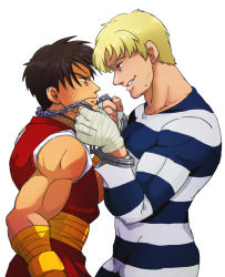 Rule 34 | 1990s (style), 2boys, bad id, bad pixiv id, black hair, blonde hair, chain, cody travers, eye contact, facial hair, final fight, goroumaru (galaxy2-3-6), grin, guy (final fight), hand wraps, height difference, looking at another, male focus, multiple boys, muscular, ninja, prison clothes, retro artstyle, short hair, simple background, smile, street fighter, street fighter zero (series), stubble, yaoi