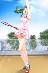 Rule 34 | 1girl, game cg, green hair, racket, sinnin eigo kyou, sky, solo, tagme, tennis, tennis racket, upskirt