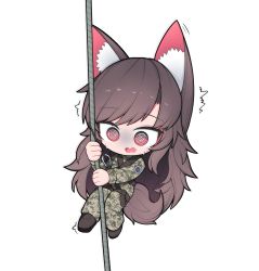 Rule 34 | 1girl, :o, @ @, animal ears, brown hair, camouflage, camouflage jacket, camouflage pants, full body, hh, highres, holding, imaizumi kagerou, jacket, long hair, long sleeves, military, military uniform, open mouth, pants, red eyes, rope, solo, tail, touhou, uniform, wolf ears, wolf girl, wolf tail