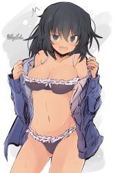 Rule 34 | 1girl, ^^^, andou (girls und panzer), bc freedom school uniform, black bra, black hair, black panties, blue sweater, blush, bow, bow bra, bow panties, bra, breasts, brown eyes, cardigan, cleavage, commentary, cowboy shot, dark-skinned female, dark skin, frilled bra, frilled panties, frills, frown, getsumen suibaku ver. a(c), girls und panzer, highres, long sleeves, looking at viewer, medium breasts, medium hair, messy hair, navel, no pants, off shoulder, one-hour drawing challenge, open cardigan, open clothes, open mouth, opened by self, panties, school uniform, sketch, solo, standing, sweat, sweatdrop, sweater, twintails, underwear, undressing