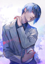 Rule 34 | 1boy, black shirt, blue hair, collared shirt, commentary request, gradient background, grey jacket, head tilt, highres, jacket, kyuuba melo, long sleeves, looking at viewer, male focus, mask, necktie, red eyes, red necktie, shirt, short hair, solo, tokyo ghoul, tsukiyama shuu, unworn mask, upper body
