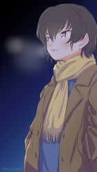 Rule 34 | 1girl, absurdres, black sky, blue shirt, breath, brown coat, brown eyes, brown hair, caesar (girls und panzer), casual, closed mouth, coat, commentary, fringe trim, girls und panzer, hands in pockets, highres, light frown, long sleeves, looking to the side, night, night sky, one-hour drawing challenge, open clothes, open coat, outdoors, oze (xyz go go11), scarf, shirt, short hair, sky, solo, standing, twitter username, upper body, yellow scarf