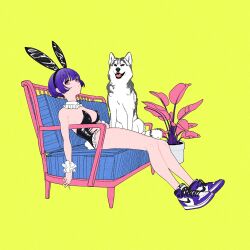 1girl acubi_tomaranai air_jordan animal_ears bare_legs copyright_request couch dog fake_animal_ears fake_tail flower frills highres husky leotard pink_eyes playboy_bunny purple_hair shoes short_hair simple_background sitting sneakers tail