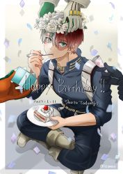 Rule 34 | 1boy, 3others, absurdres, asui tsuyu, bakugou katsuki, belt, blue eyes, boku no hero academia, boots, bouquet, box, burn scar, cake, character name, confetti, costume, dated, eating, english text, flower, food, fruit, gift, gift box, gloves, happy birthday, head wreath, heterochromia, highres, if00003, long bangs, looking at viewer, male focus, multicolored hair, multiple others, outside border, party popper, red hair, scar, scar on face, shadow, short hair, smile, solo focus, split-color hair, strawberry, todoroki shouto, twitter username, two-tone hair, utility belt, white background, white hair