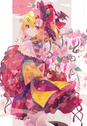 Rule 34 | 1girl, absurdres, alternate costume, blonde hair, cherry blossoms, crystal, flandre scarlet, floral print, flower, flower (symbol), hair ornament, hat, hat ribbon, highres, japanese clothes, kimono, looking at viewer, obi, petals, print kimono, red eyes, red kimono, ribbon, sash, short kimono, short yukata, side ponytail, simple background, smile, solo, touhou, umemaro (siona0908), wide sleeves, wings, yukata