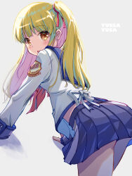 Rule 34 | 1girl, :o, akayama yukihe, all fours, angel beats!, blonde hair, blue sailor collar, blue skirt, blunt bangs, blush, character name, commentary request, dutch angle, eyes visible through hair, from behind, grey background, hair ribbon, hair spread out, highres, long hair, long sleeves, looking at viewer, looking back, miniskirt, neckerchief, open mouth, orange eyes, pink neckerchief, pleated skirt, red ribbon, ribbon, sailor collar, shinda sekai sensen uniform, shirt, sidelighting, simple background, skirt, solo, straight hair, twintails, white ribbon, white shirt, yusa (angel beats!)