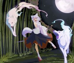 Rule 34 | 1girl, animal ears, arched back, armband, attack, bamboo, bamboo forest, black skirt, detached sleeves, fangs, forest, full moon, geta, grass, holding, holding sword, holding weapon, inubashiri momiji, kokutei n, legs, long skirt, moon, moonlight, nature, night, night sky, open mouth, path, pom pom (clothes), red eyes, road, shaded face, short hair, skirt, sky, sleeveless, solo, spirit, star (sky), sword, tabi, tail, teeth, tengu-geta, tongue, touhou, turtleneck, vanishing point, weapon, white hair, white legwear, wolf, wolf ears, wolf tail