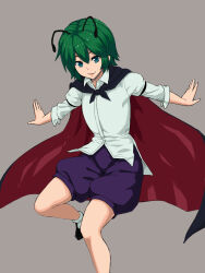 Rule 34 | 1girl, antennae, black cape, black footwear, cape, commentary request, green eyes, green hair, grey background, highres, kakone, looking at viewer, open mouth, puffy shorts, shirt, short hair, short sleeves, shorts, simple background, smile, socks, solo, touhou, white shirt, white socks, wriggle nightbug