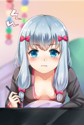Rule 34 | 10s, 1girl, :t, blue eyes, blush, bow, breasts, cleavage, downblouse, drawing tablet, eromanga sensei, hair bow, highres, izumi sagiri, looking at viewer, no bra, nuts (aya-yo), pink bow, pout, shirt, silver hair, solo, stylus, upper body