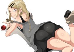 Rule 34 | 10s, 1girl, ass, bad id, bad twitter id, bare shoulders, blonde hair, dagashi kashi, earrings, endou saya, hair ornament, hairclip, high heels, jewelry, kendama, light smile, long hair, looking at viewer, looking back, nuezou, sanpaku, simple background, skirt, solo, strap slip, thighs, white background