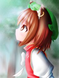 Rule 34 | 1girl, animal ears, bad id, bad pixiv id, blurry, bow, brown eyes, brown hair, cat ears, chen, day, depth of field, earrings, expressionless, flat chest, from side, hat, high collar, highres, jewelry, juliet sleeves, long sleeves, looking to the side, looking up, mob cap, outdoors, parted lips, profile, puffy sleeves, red vest, short hair, single earring, solo, touhou, tree, upper body, uru (uru0301), vest, white bow