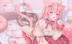 Rule 34 | 1girl, animal ears, breasts, cardigan, cat ears, cat girl, cat tail, commission, doughnut, doughnut-shaped pillow, food, highres, indie virtual youtuber, koito amuno, large breasts, long hair, long sleeves, looking at viewer, miniskirt, multicolored hair, off-shoulder shirt, off shoulder, open cardigan, open clothes, pillow, pink eyes, pink hair, pink skirt, pleated skirt, pretzel, shirt, skeb commission, skirt, strawberry-shaped pillow, streaked hair, suzuho hotaru, tail, thighhighs, virtual youtuber, white shirt, white thighhighs, zettai ryouiki