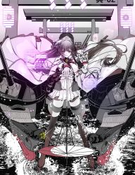 Rule 34 | 1girl, anno88888, black socks, black thighhighs, brown eyes, brown hair, closed mouth, coat, full body, hair between eyes, highres, kantai collection, kneehighs, long coat, long hair, long sleeves, machinery, oil-paper umbrella, open clothes, open coat, pleated skirt, ponytail, rigging, single kneehigh, single sock, single thighhigh, skirt, smile, socks, solo, thighhighs, torii, turret, umbrella, very long hair, white coat, white skirt, yamato (kancolle), yamato kai ni (kancolle)
